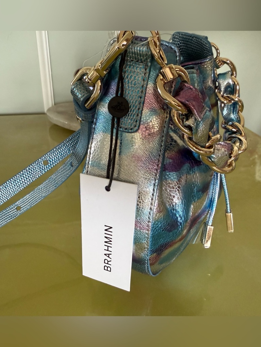 Silver Blue-Pink Drawstring Bucket “Eliana” Brahmin Bag with Chain - Picture 3 of 6
